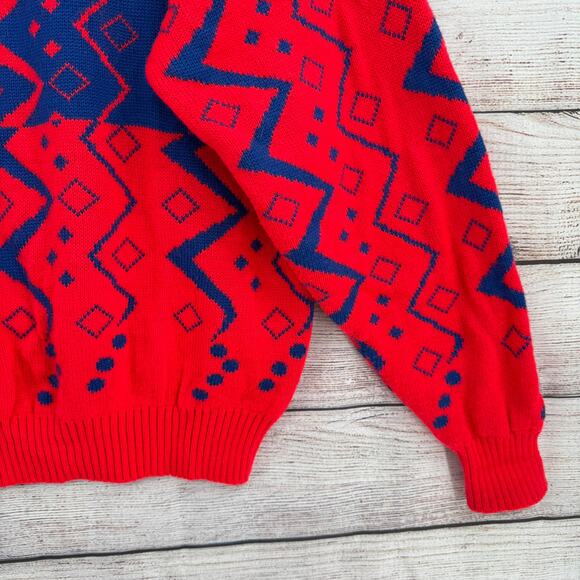 Vintage 80s Obermeyer Sport Crewneck Ski Sweater Mens Large Florescent Red Blue - Picture 13 of 13